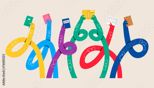Set of funny long hands holding a books. Colorful vector illustration