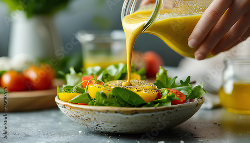 Woman hand pouring honey mustard dressing into bowl with fresh salad on table