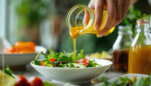 Woman hand pouring honey mustard dressing into bowl with fresh salad on table