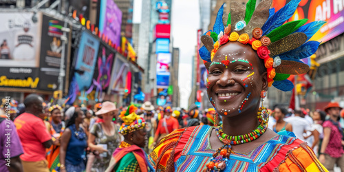A joyous person celebrates in Times Square, adorned in a colorful, festive carnival costume complete with vibrant headdress, embodying the spirit of the parade. 