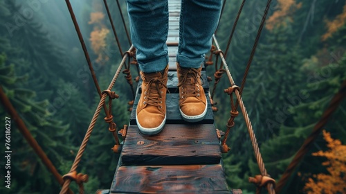 A person overcoming a fear of heights by standing on a high bridge, a personal breakthrough, close-up