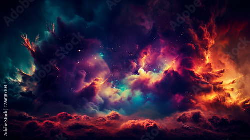 Vibrant shades of blue,purple,red and orange blend in a dramatic and dynamic celestial scene reminiscent of a fog.Stars pepper the canvas,giving the impression of a vast,cosmic expanse.AI generated.