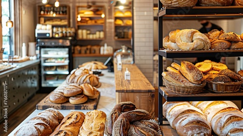 Cozy yet modern bakery scene featuring traditional artisan breads and pastries