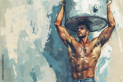 An abstract image of a muscular plumber carrying a heavy water heater.