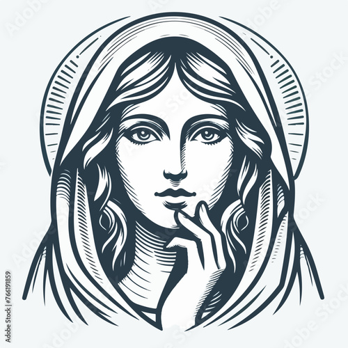 Stylized illustration of Virgin Mary Jesus vector tattoo logo icon sticker. 