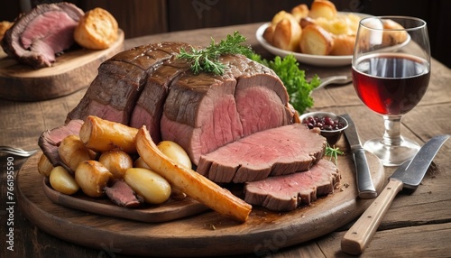 gourmet sunday roast beef traditional british meal set on old wooden pub table