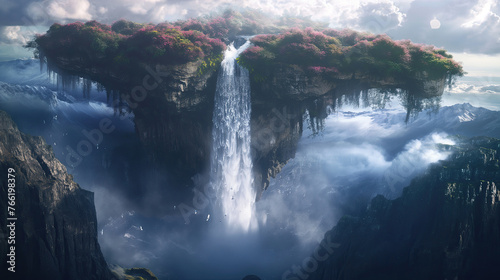 A gigantic waterfall cascading down from a floating island above, with a scientist studying its flora and fauna, emphasizing the mystery of undiscovered ecosystems