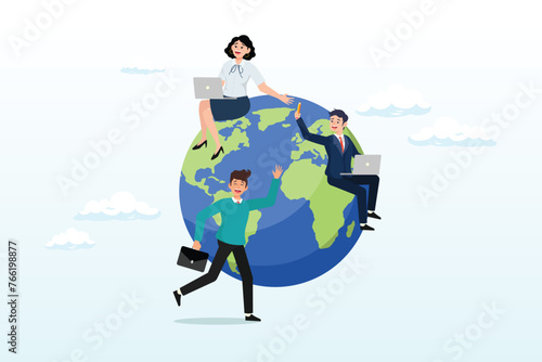 Business people sitting around world map on globe working with online computer, work from anywhere around the world, remote working or freelance, international company or global business (Vector)