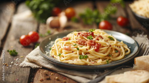 A plate of appetizing Italian food pasta carbonara on the table