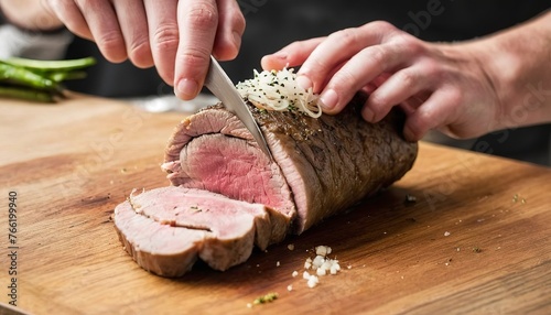 slicing a serving of organic roast beef roll with knife on wood table with garlic pepper and salt in melbourne australia
