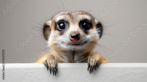  a close up of a small animal on a white surface with it's paws on the edge of a wall.