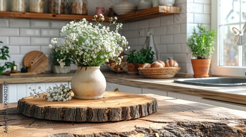  a vase filled with white flowers sitting on top of a wooden cutting board on top of a kitchen counter next to a sink.