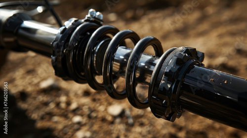A heavy-duty shock absorber, with a large coil spring and robust piston, providing a smooth ride over rough terrain