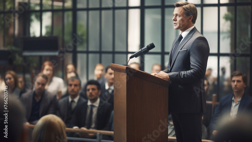 Businessman speaking from behind a podium to a group of people in an office space