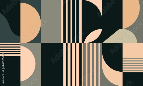 Modern vector abstract geometric background with circles, rectangles, squares and stripes in retro Bauhaus style