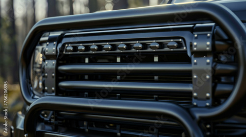 A reinforced grille guard, made from solid steel bars, providing protection to the front of the truck