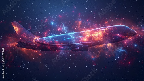 The top view of an abstract airliner on a white background with an inscription. Starry sky or space with stars and the universe. Modern business illustration.