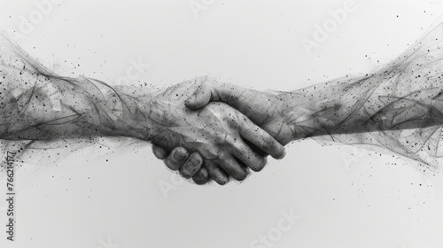This abstract mash line and point brotherly handshake origami on white background is depicted as a starry sky over a galaxy. It is a modern business illustration of a deal.