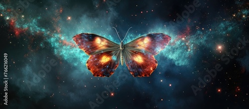 An arthropod butterfly, with electric blue wings, floats gracefully through the galaxy in space. Its symmetry and beauty resemble a celestial art event