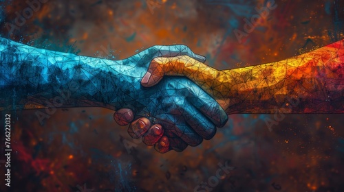 An innovative handshake concept consisting of colorful polygons and moderns