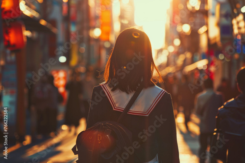 A detailed image of a beautiful girl in a school uniform, her face lit up by the warm light as she walks down a bustling city street