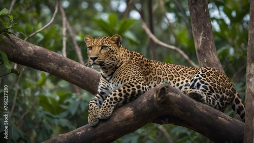 Sri Lankan leopard, Panthera pardus kotiya, Big spotted cat lying on the tree in the nature habitat, Yala national park, Sri Lanka.