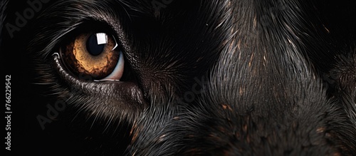 A closeup of a black carnivores eye in the darkness, showcasing its whiskers and fur. This terrestrial animal belongs to the Felidae family, known for small to mediumsized cats