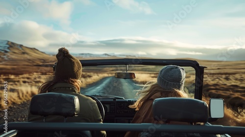 couple embarking on a road trip adventure, with the windows down and the wind in their hair as they drive through scenic countryside