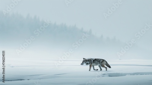 An image of a lone wolf traversing a snowy landscape, its fur blending seamlessly with the wintry surroundings as it pads silently through the snow. 