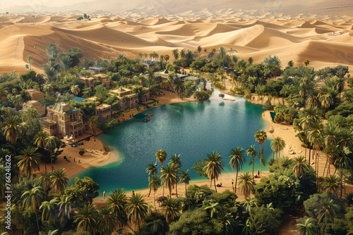 an oasis in middle of desert with palm trees and desert flora and fauna