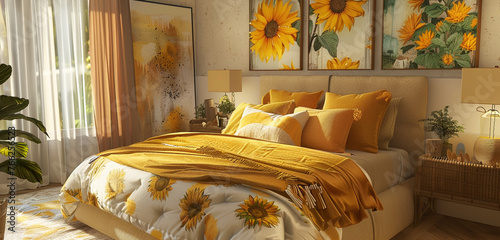 Sunlit Amber Glow bedroom design with a golden bed, sunflower-themed pillows, and warm abstract paintings.
