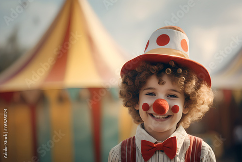 Happy child clown on background stripes tent of circus. Show and childish entertainment. Circus canopy performance. Girl character in clown makeup. Funny clown on holiday