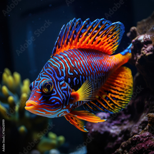 Dive into the vivid world of marine life with this stunning image of a rock beauty fish swimming gracefully in a vibrant coral reef. AI generative