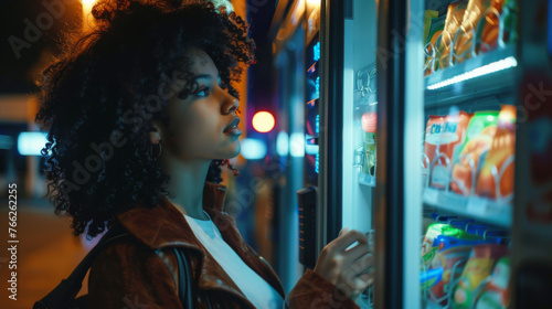 Woman buying food from automatic vending machine