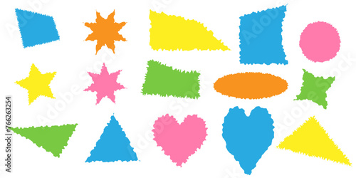 Jagged colored rectangles, star, heart in flat design