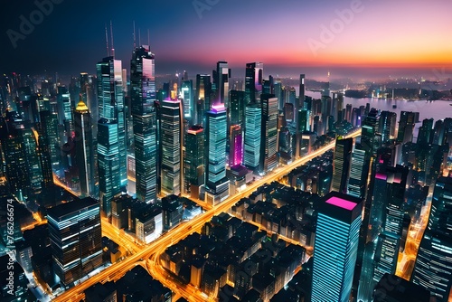 A vibrant night cityscape showcasing illuminated skyscrapers, modernity and urban. Ideal for themes of technology, growth, and urban life. generative ai