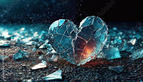 a smashed glass heart lying on the ground, surrounded by pieces of broken glass