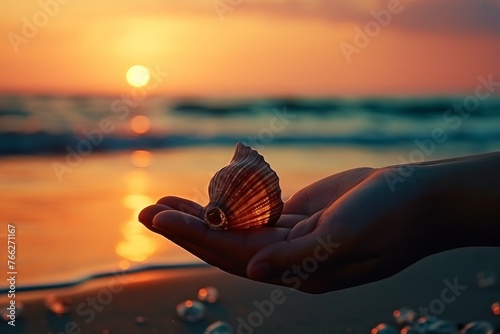 Person Holding Shell on Beach at Sunset