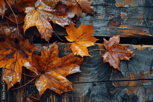 Autumnal Wooden Background with Maple Leaves and Rustic Texture