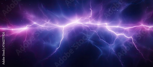 A vibrant purple and electric blue lightning bolt illuminates the dark sky during a thunderstorm, highlighting the cumulus clouds in the atmospheric atmosphere