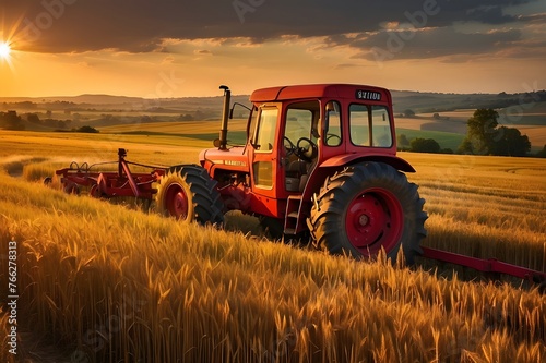 The vintage red tractor, with its sturdy frame and classic design, stands out against the backdrop of the golden wheat field. Its engine hums softly as it plows through the earth, leaving neat furrows