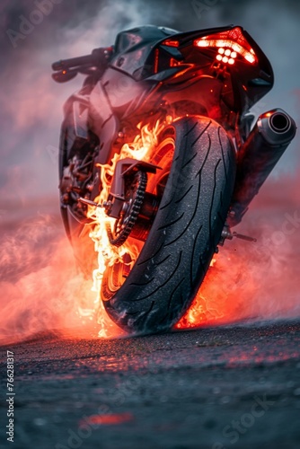 Motorcycle in Full Throttle with Fiery Wheel. Generative ai