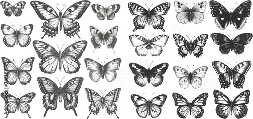 Butterflies tattoo sketch, fly insect black hand drawn engraving