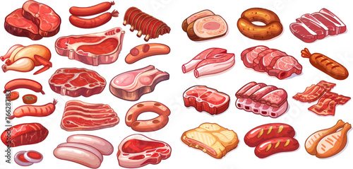 Steaks, pork bacon and ribs vector set