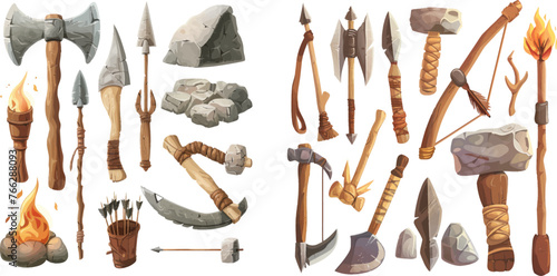 Bow and arrow, ancient hammer, cave axe