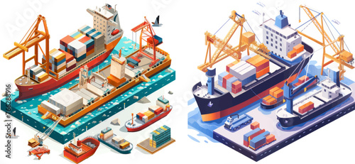 Isometric seaport cargo service, cargo ship barge, container and crane
