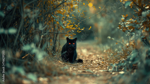 A mysterious black cat with piercing red eyes sits attentively on a leaf-strewn forest trail surrounded by autumn foliage