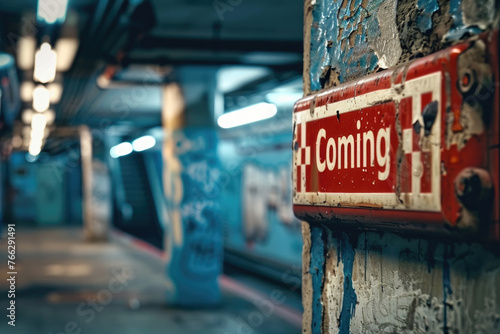 Coming sign alerts passengers of an approaching train on a graffiti-adorned subway platform