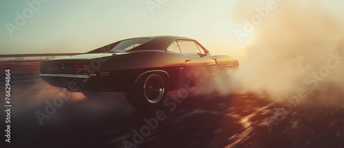 Classic muscle car in a high-speed chase, leaving a trail of dust at sunset.