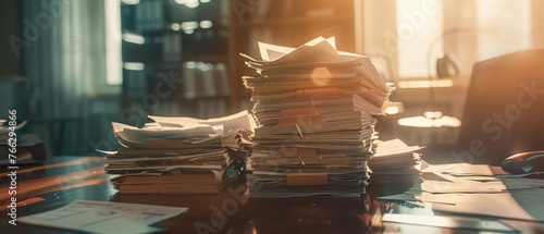 Piles of paperwork and documents casting long shadows in a moody office.